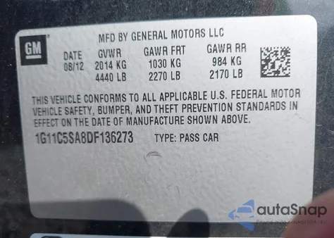 2013 Chevrolet Malibu 1Lt из США, поврежденный, VIN 1G11C5SA8DF136273